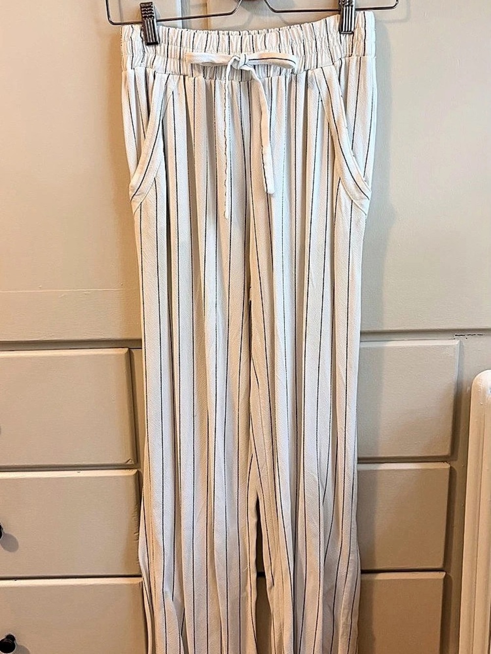 Sienna Sky Striped Linen Drawstring Pants in White & Black Size Small